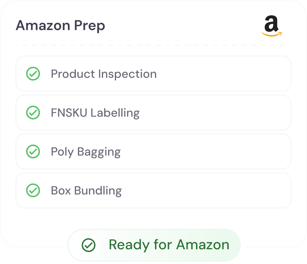 Amazon FBA prep checklist covering product inspection, FNSKU labelling, poly bagging and box bundling